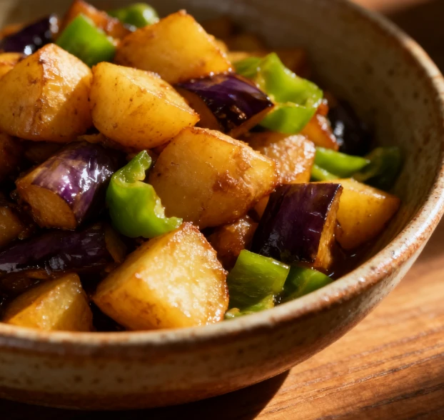 Teriyaki Three-Color Vegetables - Golden potatoes with purple eggplant and green pep